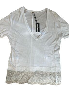 Monrow White V-Neck Tee with Lace Hem Detail